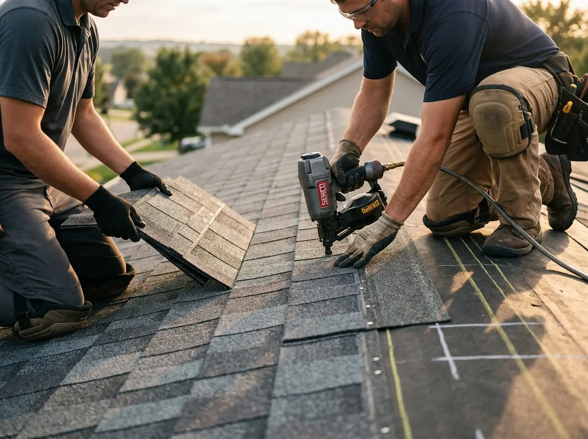 Professional roofer working on a residential roof in Crestline